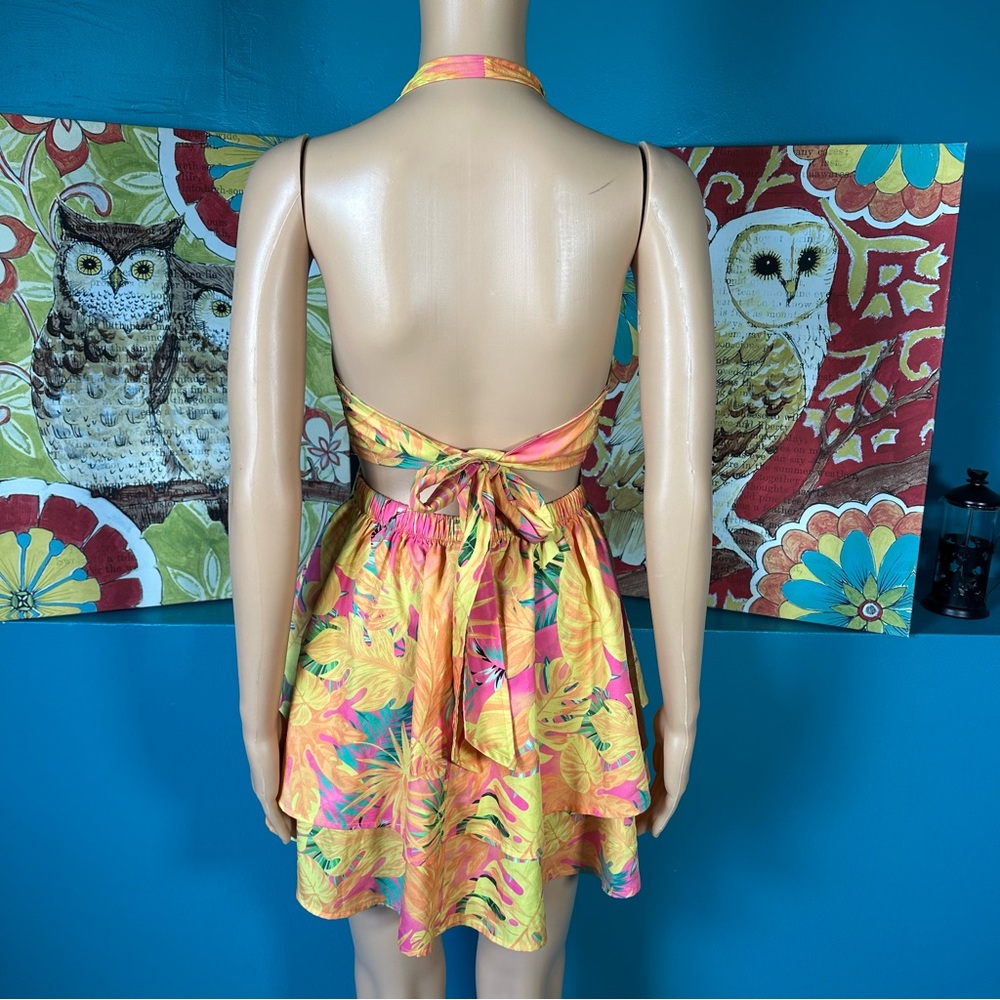 Shein Dress Tropical Print Layered Hem Tie Backless Halter Hawaiian Sun‎ Dress - Picture 9 of 10